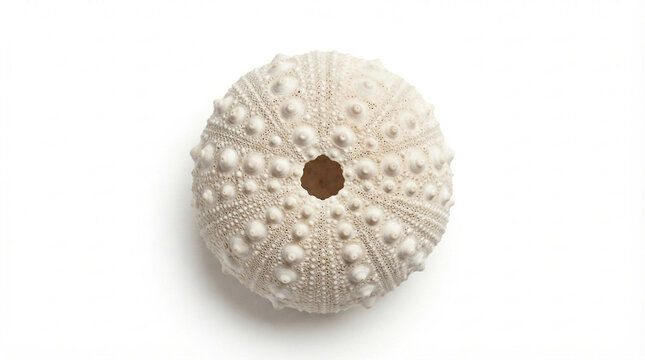Dried sea urchin test skeleton with central hole, isolated on white background