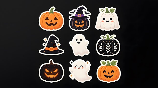 Set of cute halloween stickers featuring pumpkins, ghosts, and witch hats