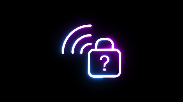 Neon glowing padlock with question mark icon animation for wireless password uncertainty footage