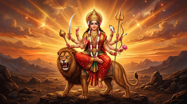 Eight Armed Goddess Durga Seated on a Majestic Lion with Sunburst Rays and Divine Weapons
