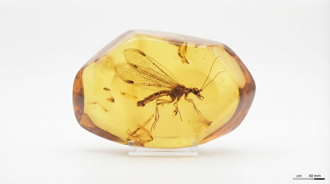Baltic amber with fossil insect inclusion, snakefly preserved in golden amber, isolated on white background