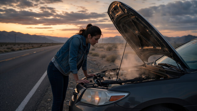 Woman looking at smoking car engine on desert highway. Stranded female driver checking broken vehicle under open hood at sunset. Roadside emergency and travel problem concept