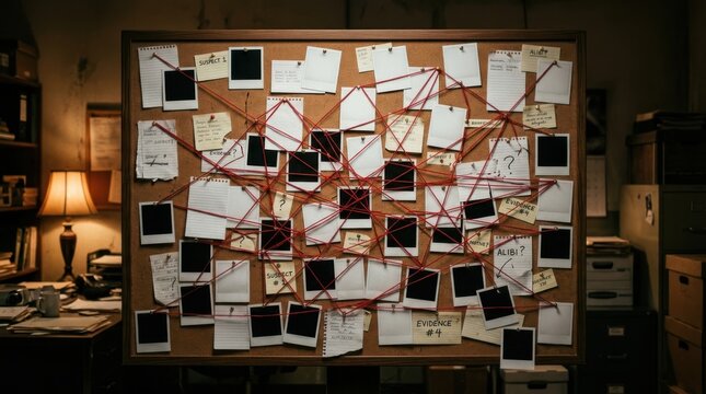 Detective investigation board with red string. Crime evidence wall for police case analysis.