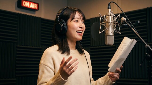 Japanese Female Voice Actor Seiyuu Performing Recording Booth Studio