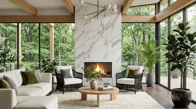 Modern luxury living room with fireplace. Contemporary home interior with marble decor.