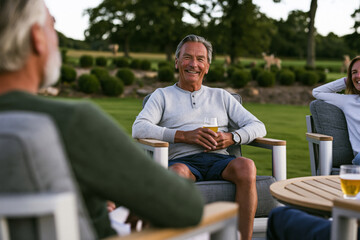 Fototapeta premium Friends enjoying a relaxed summer party outdoors, modern furniture, landscaped backyard, authentic lifestyle moment., rendered in sharp detail with beautiful natural lighting