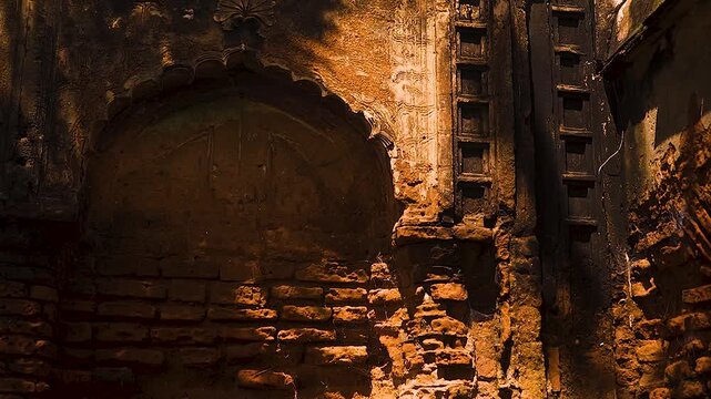 A dilapidated brick arch stained with moss and grime; the play of soft shadows across its masonry and a surface texture weathered by the elements and nature. 4K