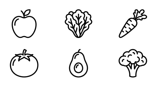 Healthy Food and Vegetable Line Art Icon Set