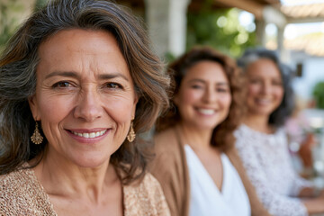 Fototapeta premium Group of Hispanic women relaxing at a sophisticated outdoor event, garden setting, bright sunny weather, premium advertising photography., showcasing incredible natural beauty and rich details
