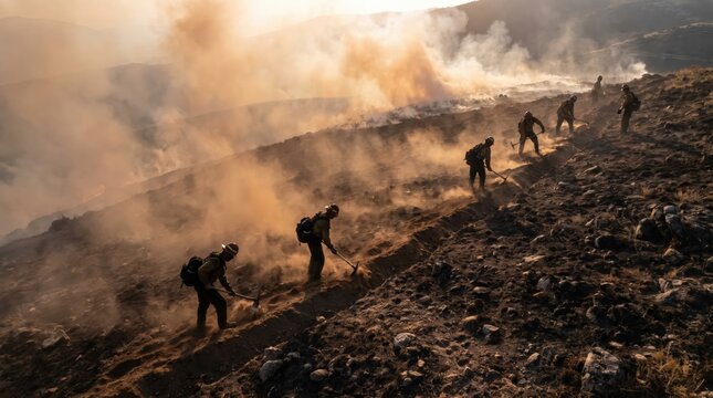 Brave wildland firefighters wearing protective gear use hand tools to create firebreaks on a steep dusty mountain slope during a intense summer wildfire with thick golden smoke filling the air