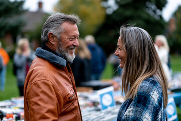 Fototapeta premium Stunning high-resolution capture featuring local community yard sale with organized tables of books, vinyl records, board games and antiques, smiling neighbors enjoying casual conversations