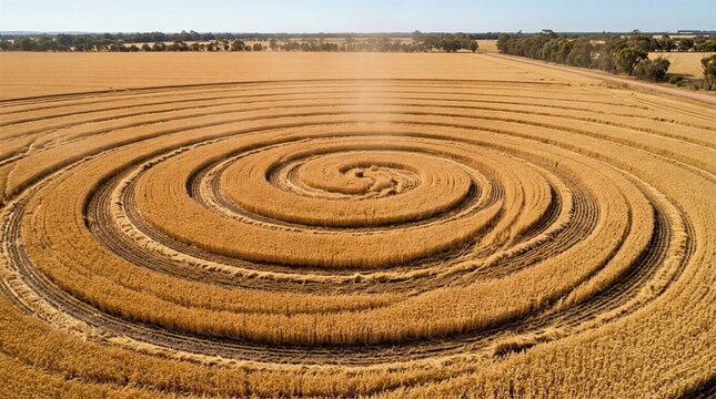 Aerial view of spiral crop circle pattern carved in golden wheat field