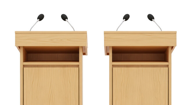 Two wooden podiums with microphones isolated on transparent background
