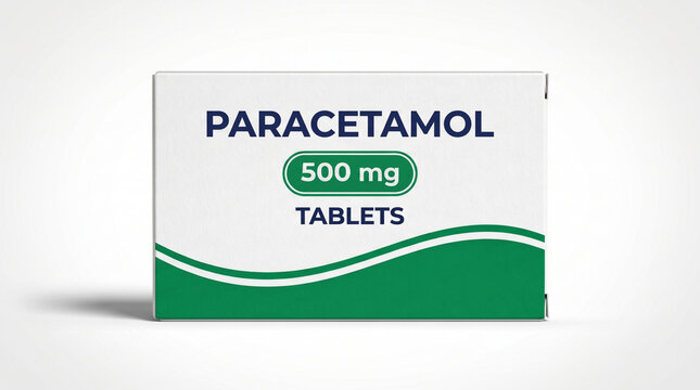 White pharmaceutical cardboard box for paracetamol tablets on white background