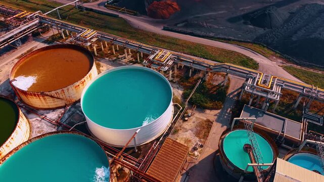 Circular wastewater settling tanks in industrial processing plant. Round open basins hold blue and brown water near long yellow pipelines under bright daylight.