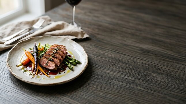 Roasted duck breast with asparagus and carrots on a wooden table