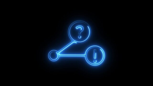 Neon decision path icon with question and exclamation marks glowing blue on black screen