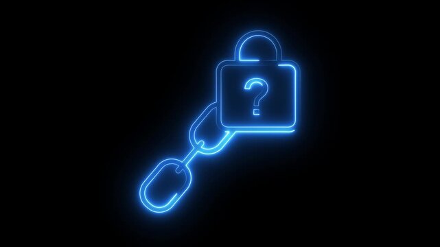 Lock with question mark on chain motion graphics blue neon outline on black background