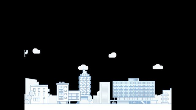 Animated cartoon city skyline with buildings clouds and flying objects transparent background