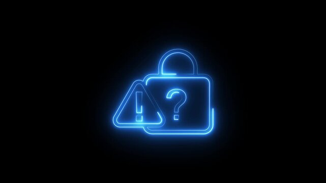 Blue neon sign showing digital padlock with alert symbol representing cyber security risk