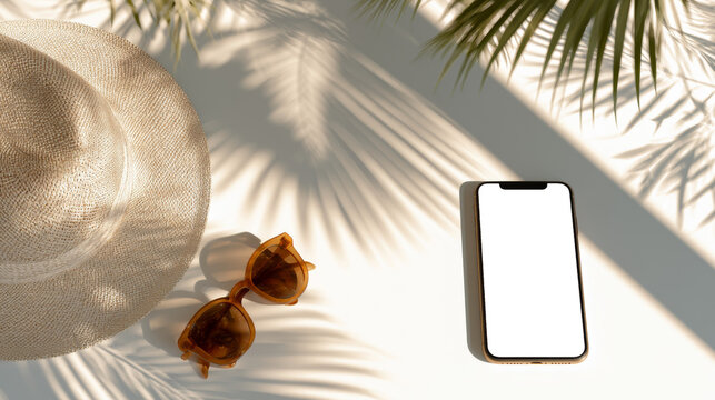 Summer travel flat lay with smartphone mockup, straw hat and sunglasses in palm shadows