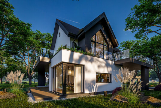 3d rendering of contemporary architectural luxury house exterior. Modern Scandinavian style family home with a white plaster walls, dark roof, and beautiful garden on a bright sunny day