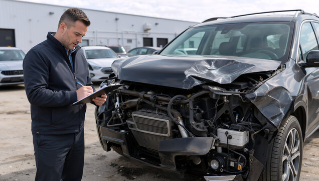Insurance adjuster assessing damage on a crashed black SUV. Professional male inspector writing report on clipboard after car accident. Vehicle collision claim concept
