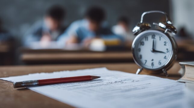 Focused medium shot on exam paper details on desks during a mock exam with blurred clock and proctor figures creating a diligent test setting