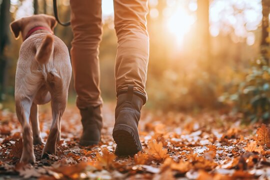 Dog walking on a forest path covered in autumn leaves during a beautiful sunset