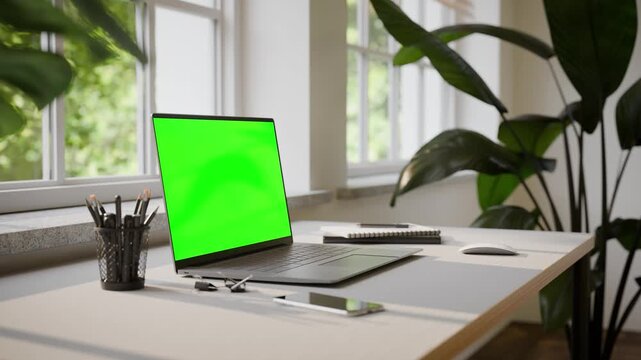Laptop with Green Screen Mockup on Desk in Minimalistic Office Interior - Perspective Angle View