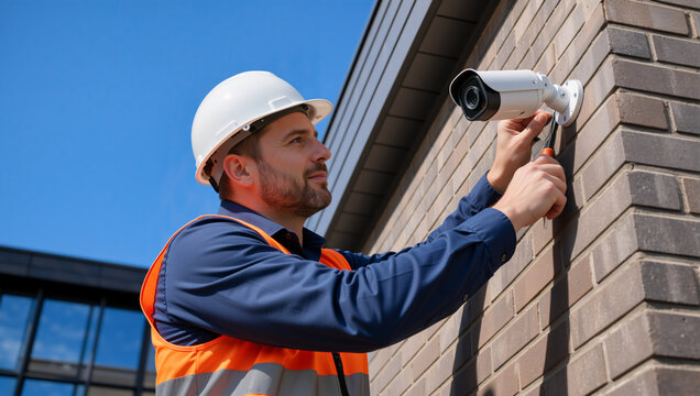 Technician installing a security camera on a brick wall. Professional worker setting up a cctv surveillance system. Outdoor building security installation