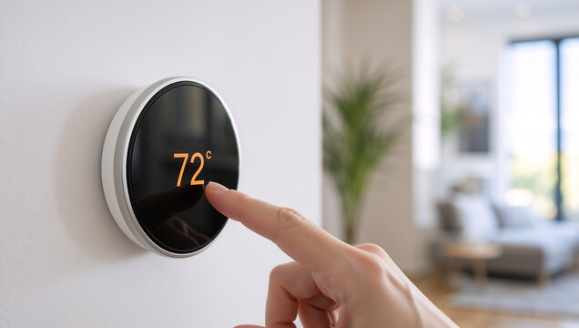 Hand adjusting temperature on smart thermostat. Person using modern home automation controller on white wall