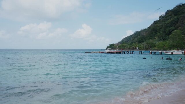 Small pier on a paradisiacal Caribbean beach in La Miel, Panama, with a small fishing boat and pelicans fishing