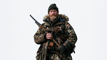 Fototapeta premium Solitary deer stalker in full camouflage against a pure sterile white background holds a traditional field archaeology brush tool, the juxtaposition of Highland stalking gear and excavation instrume