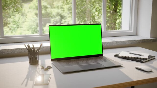 Laptop with Green Screen Mockup on Desk in Minimalistic Office Interior - Perspective Angle View