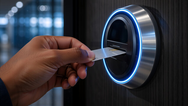 Hand inserting a smart card into an electronic door lock. Modern keyless access control system with glowing blue LED light