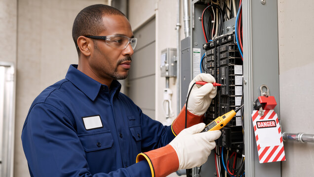 Male electrician testing circuit breaker panel with voltage tester. Professional technician in blue uniform and safety gear performing electrical maintenance. Safety and repair concept