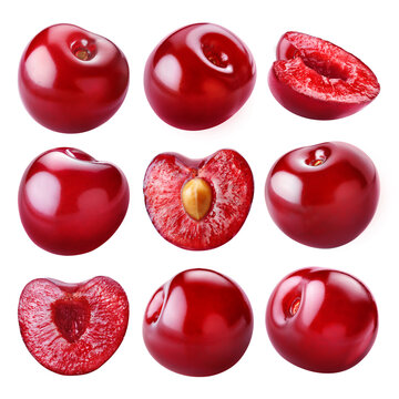 Set of ripe juicy whole and cut sweet cherries isolated on transparent background.