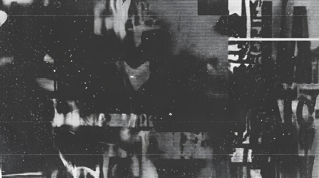 Grungy black and white digital glitch texture.