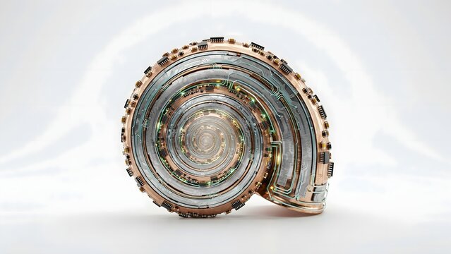 Microprocessor seashell sculpture concept on white background &ndash; Suitable for marine tech articles, ocean conservation technology, or biomimicry illustrations.