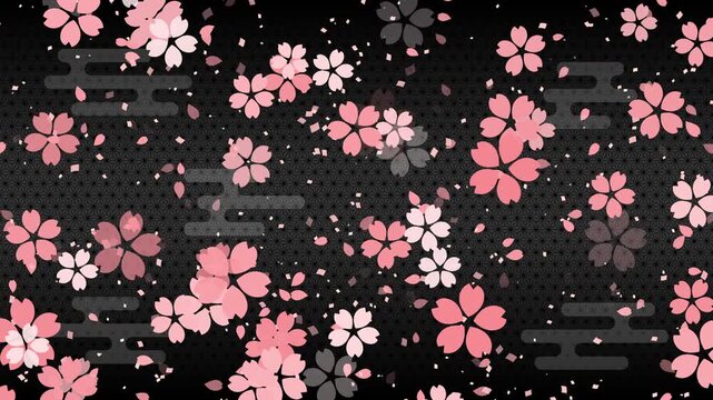 桜01 ピンク 紙吹雪 ピンク 下降 パターン01 エ霞 麻の葉 ループ （黒 背景）