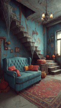 Eerie ambiance: halloween interior decor with a mysterious touch. Daring imagery. Ethereal and ominous: a halloween setup full of spiders and glowing lights. Grotesque style.