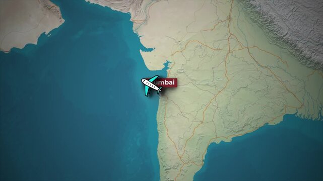 Airplane Flight Route Animation from Mumbai to Jeddah on 3D Topographic Map