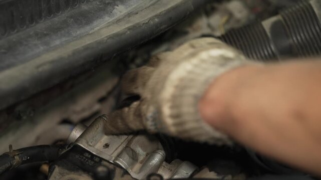 Mechanic using a metal clamp tool on car radiator hose.
