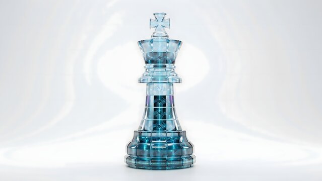 Glowing blockchain chess king piece on white background &ndash; Great for strategic business planning, crypto leadership, or financial technology content.