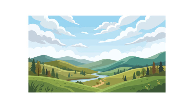 Vector illustration of a scenic valley landscape with river
