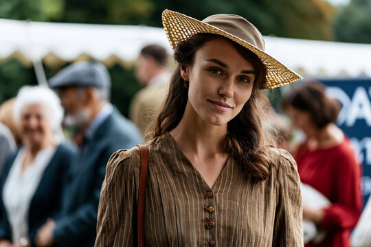 An exquisite and picturesque depiction of curated historical fashion collection featuring vintage-inspired garments with refined tailoring, shoppers appreciating timeless style, clean outdoor venue