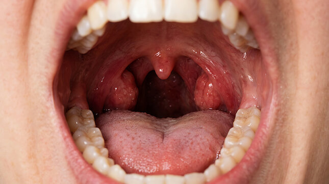 Open mouth showing inflamed throat and swollen tonsils
