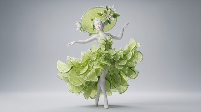 Surreal Citrus Fairy in a Ruffled Lime Slice Dress &ndash; Elegant 3D Food Art and Fresh Summer Concept