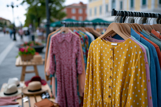 Beautiful and intricate composition showing curated vintage clothing racks filled with retro dresses, jackets and accessories in a peaceful outdoor market, spacious composition with copy space,